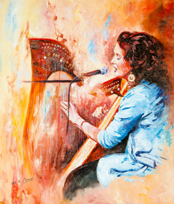 In this painting my aim was to capture the soft delicate touch of the musician and the tranquil peaceful mood that reflex’s her music, to achieve this I used contrasting colour to create a smog effect blended with the back ground and used loose spontaneous brush strokes to show the flow of the music, Nollaig’s facial expression communicates a mood but also reflex’s her passion for her music.
